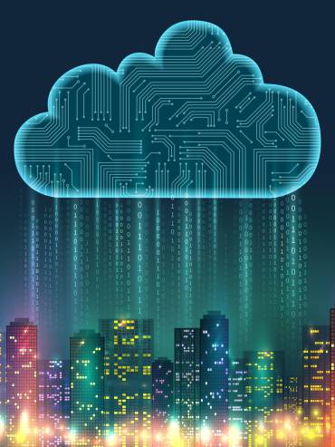 Hybrid cloud storage concept with data flowing between cloud infrastructure and smart city systems