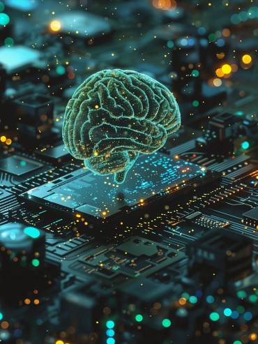 AI storage solutions concept showing a digital brain on a data centre server rack