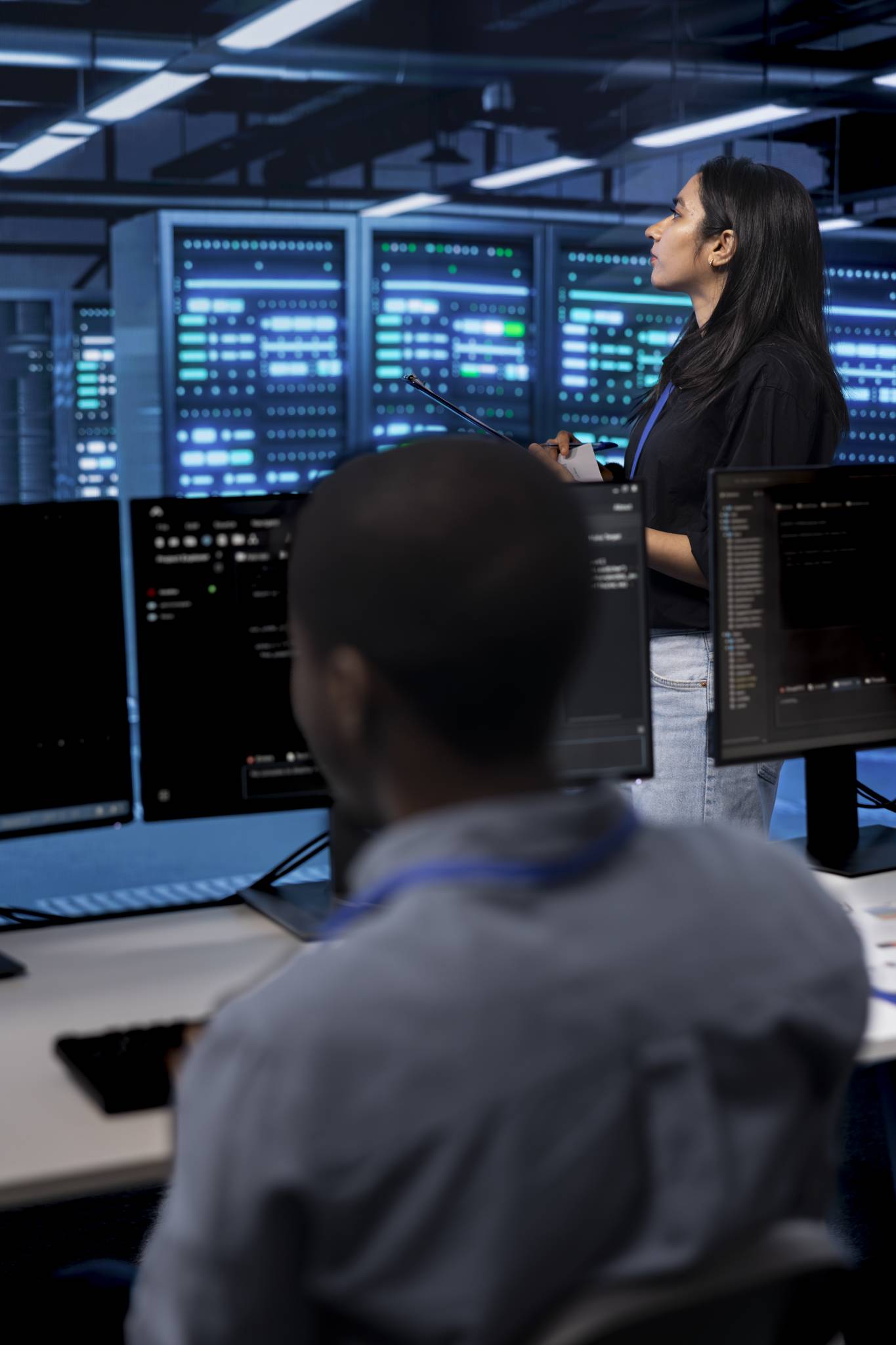 IT manager in a server operations hub using dashboard analytics to detect firewall misconfigurations and secure enterprise network systems on hybrid storage array.