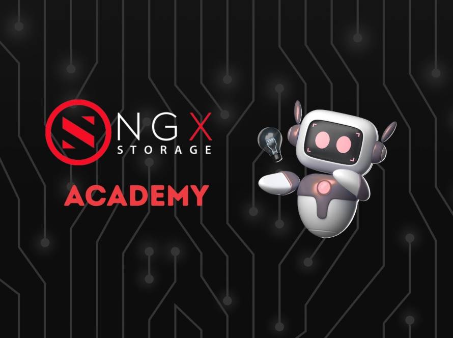robot pointing at ngx storage academy logo