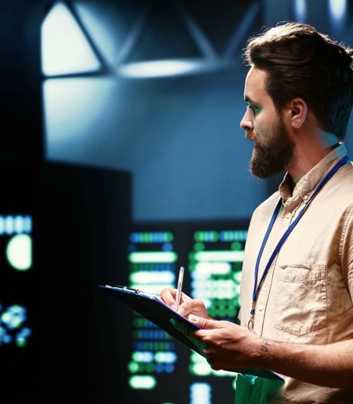 Administrator inspecting enterprise storage racks in a high-performance data center.